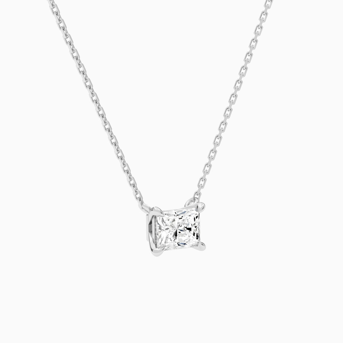 Radiant Solitaire Lab Grown Diamond Necklace In 18K White Gold - Front Angle View