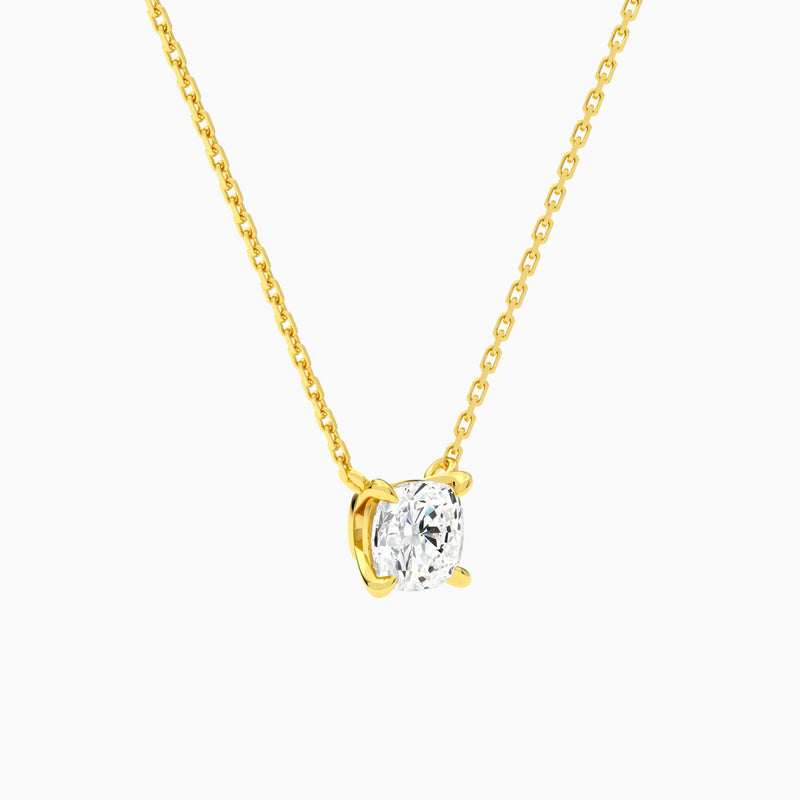 Cushion Solitaire Lab Grown Diamond Necklace In 18K Yellow Gold - Front Angle View