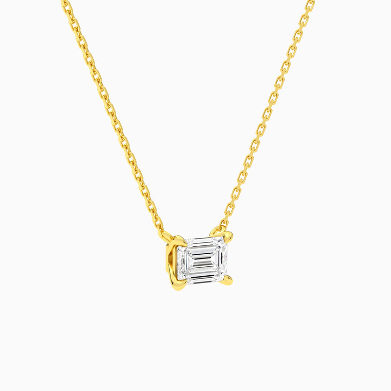 Emerald Solitaire Lab Grown Diamond Necklace In 18K Yellow Gold - Front Angle View