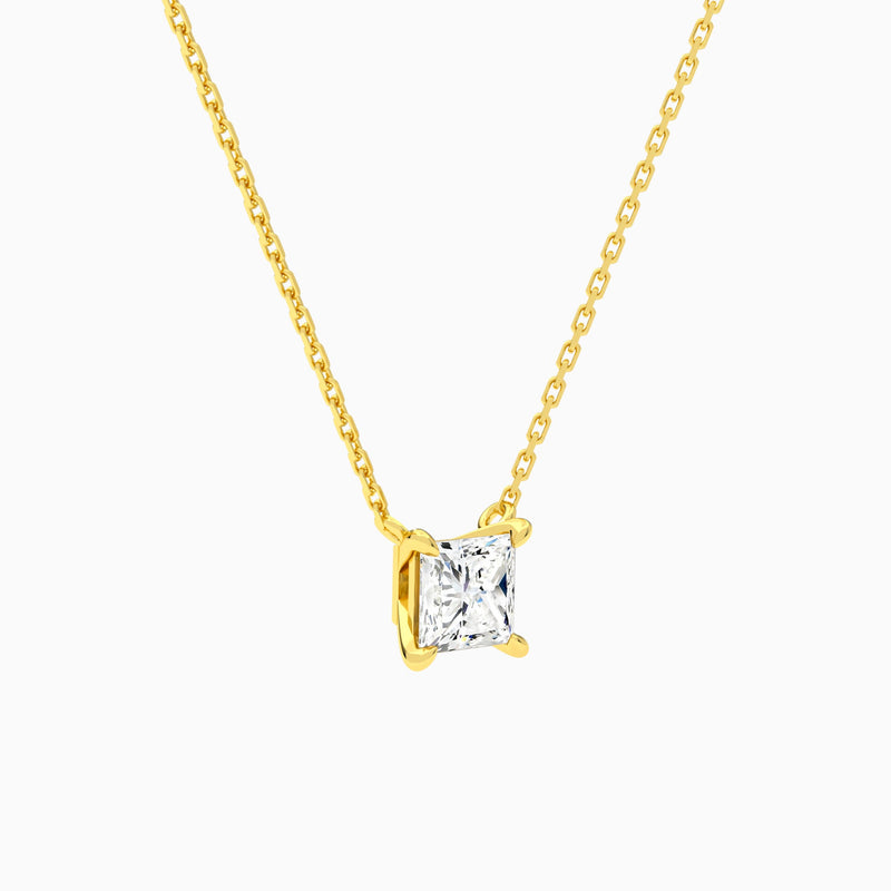 Princess Solitaire Lab Grown Diamond Necklace In 18K Yellow Gold - Front Angle View