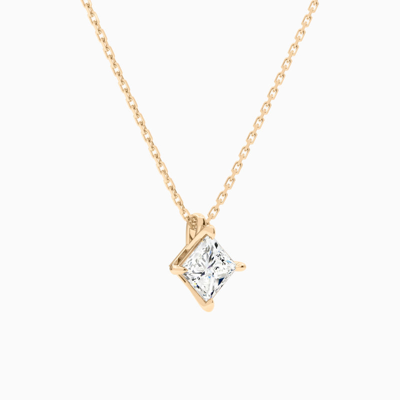 Princess Solitaire Lab Grown Diamond Pendant Necklace In 14K Rose Gold - Front Angle View