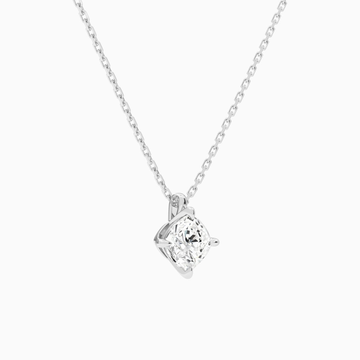 Cushion Solitaire Lab Grown Diamond Pendant Necklace In 18K White Gold - Front Angle View