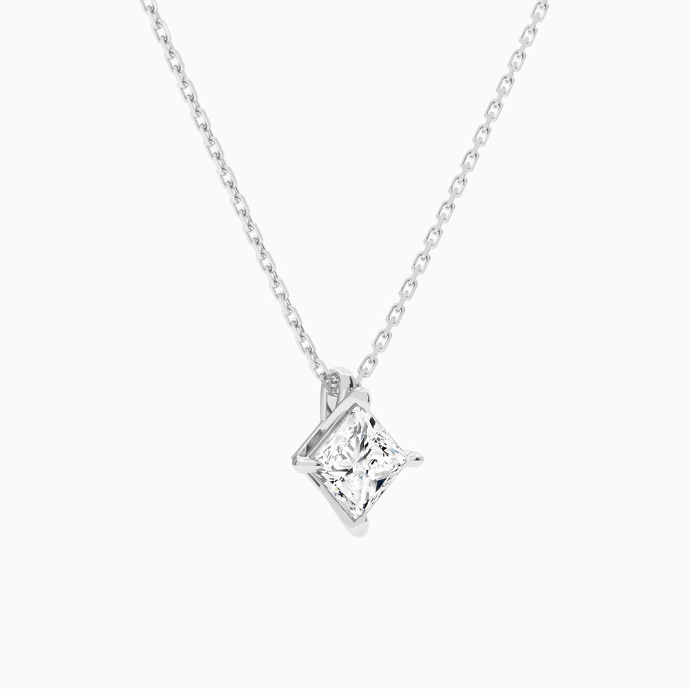 Princess Solitaire Lab Grown Diamond Pendant Necklace In 14K White Gold - Front Angle View