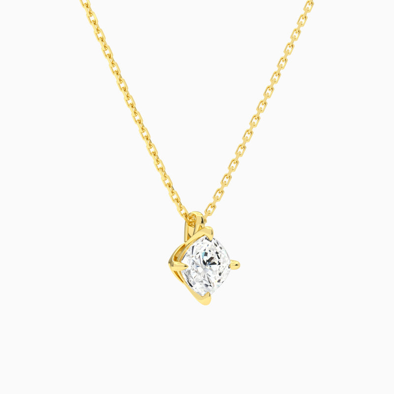 Cushion Solitaire Lab Grown Diamond Pendant Necklace In 18K Yellow Gold - Front Angle View