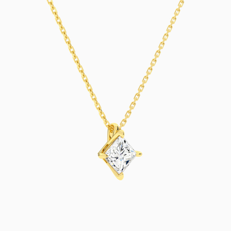 Princess Solitaire Lab Grown Diamond Pendant Necklace In 18K Yellow Gold - Front Angle View