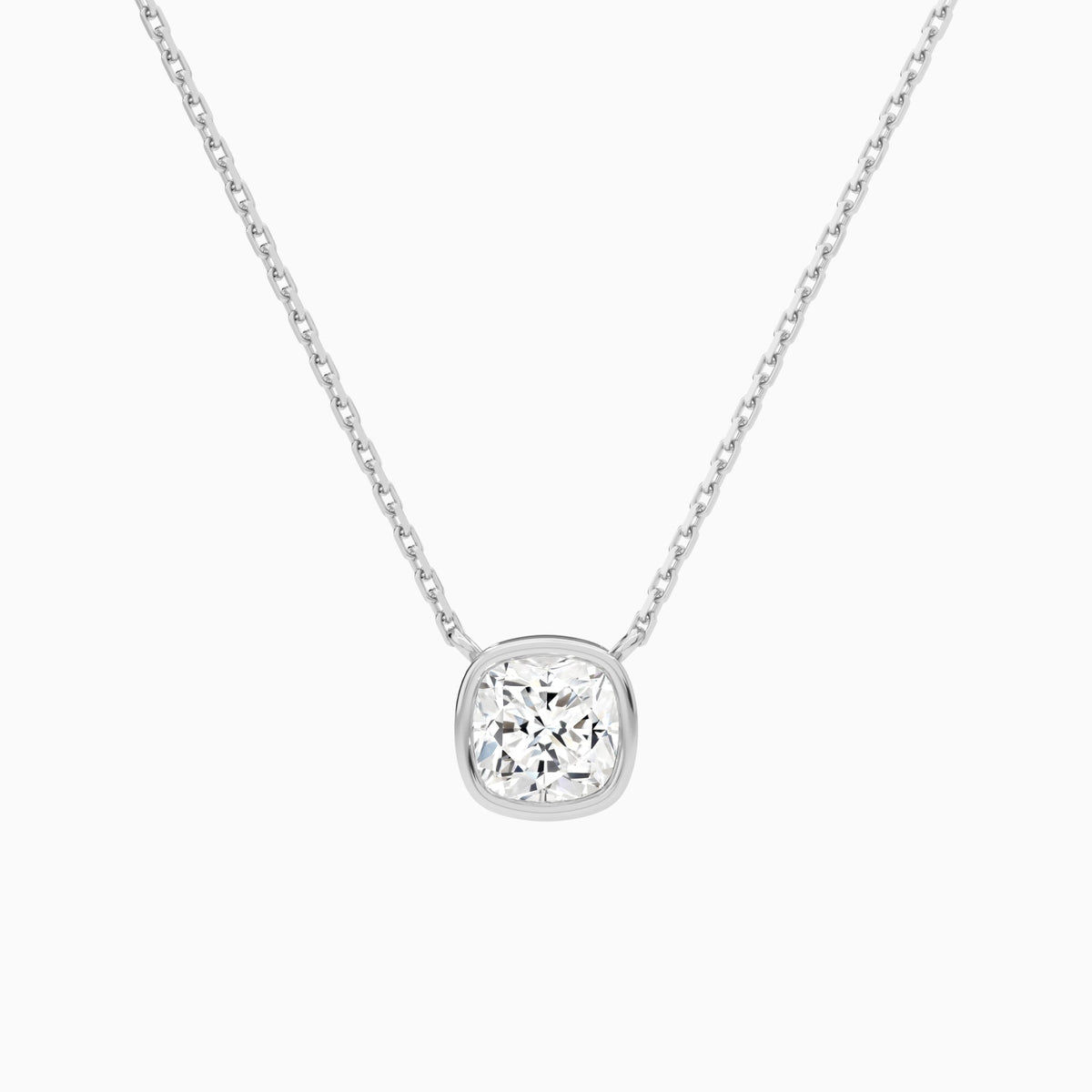 Bezel Solitaire Cushion Lab Grown Diamond Necklace In Platinum - Lucenjuri