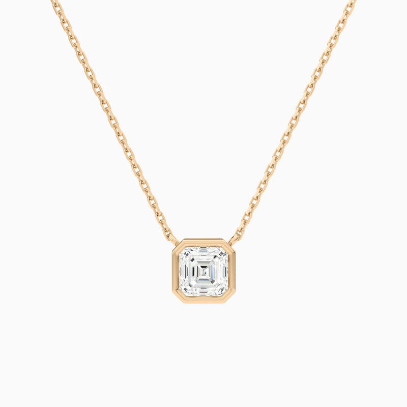 Bezel Solitaire Asscher Lab Grown Diamond Necklace In 14K Rose Gold - Lucenjuri