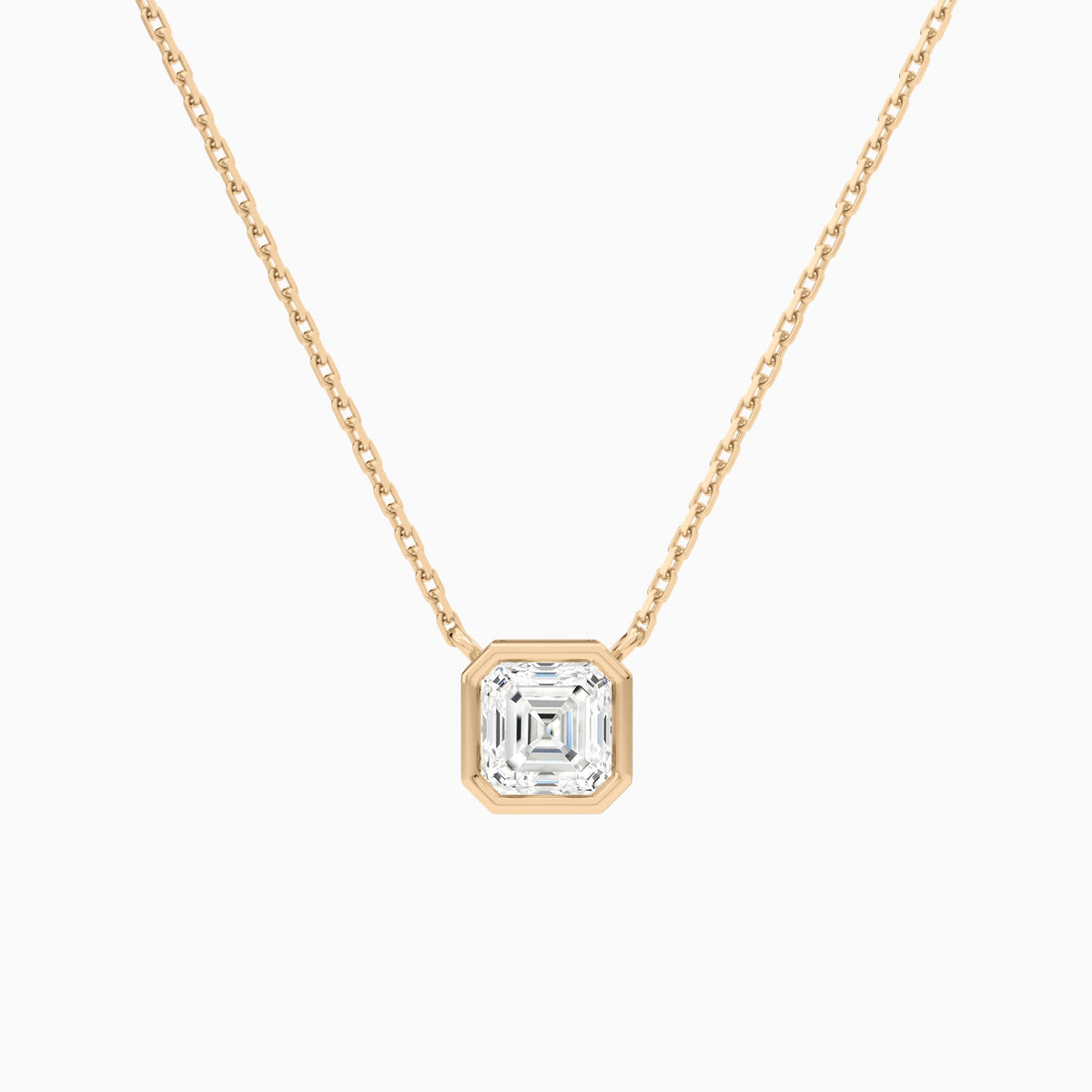 Bezel Solitaire Asscher Lab Grown Diamond Necklace In 14K Rose Gold - Lucenjuri