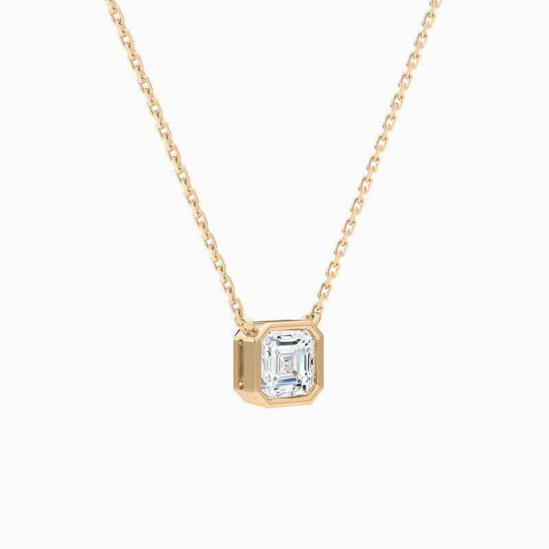 Bezel Solitaire Asscher Lab Grown Diamond Necklace In 14K Rose Gold - Front Angle View