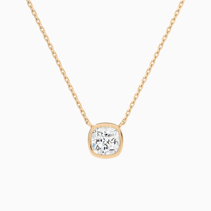 Bezel Solitaire Cushion Lab Grown Diamond Necklace In 14K Rose Gold - Lucenjuri