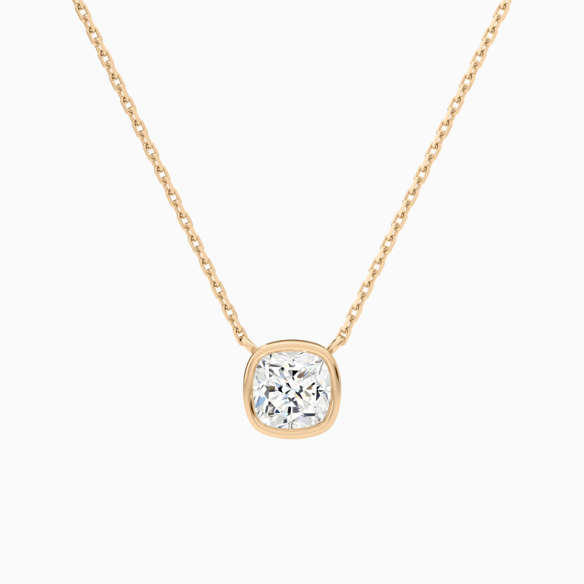 Bezel Solitaire Cushion Lab Grown Diamond Necklace In 14K Rose Gold - Lucenjuri