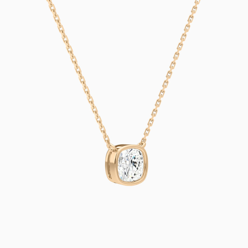 Bezel Solitaire Cushion Lab Grown Diamond Necklace In 14K Rose Gold - Front Angle View
