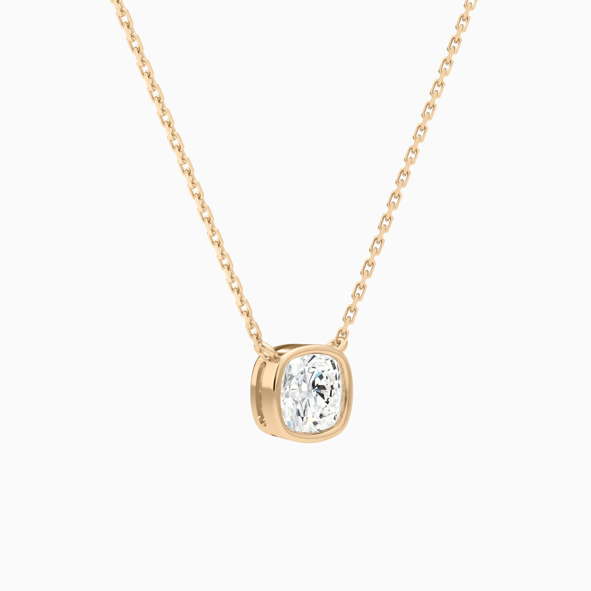 Bezel Solitaire Cushion Lab Grown Diamond Necklace In 14K Rose Gold - Front Angle View