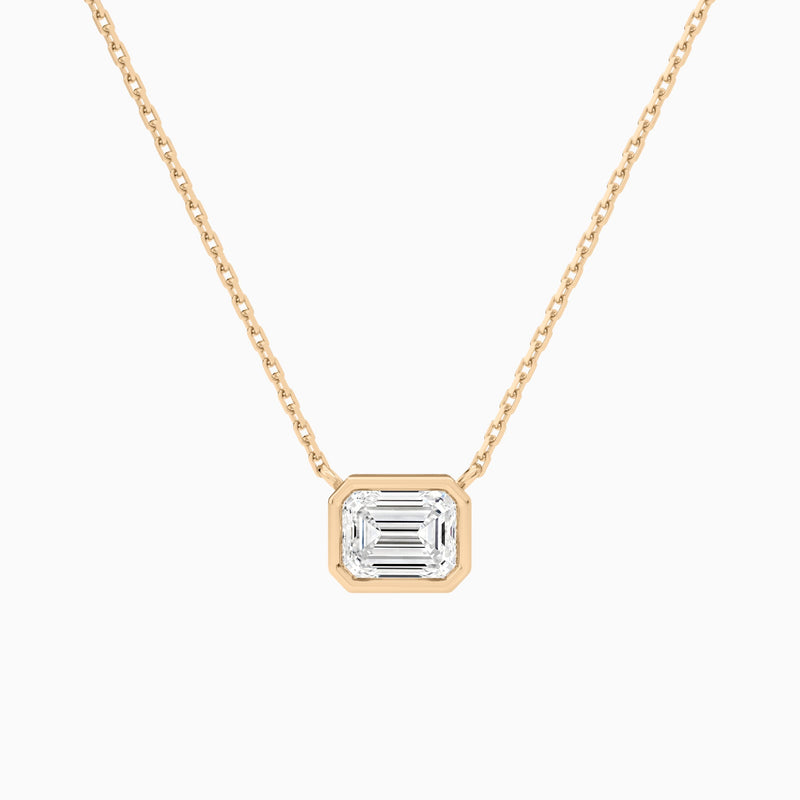 Bezel Solitaire Emerald Lab Grown Diamond Necklace In 14K Rose Gold - Lucenjuri