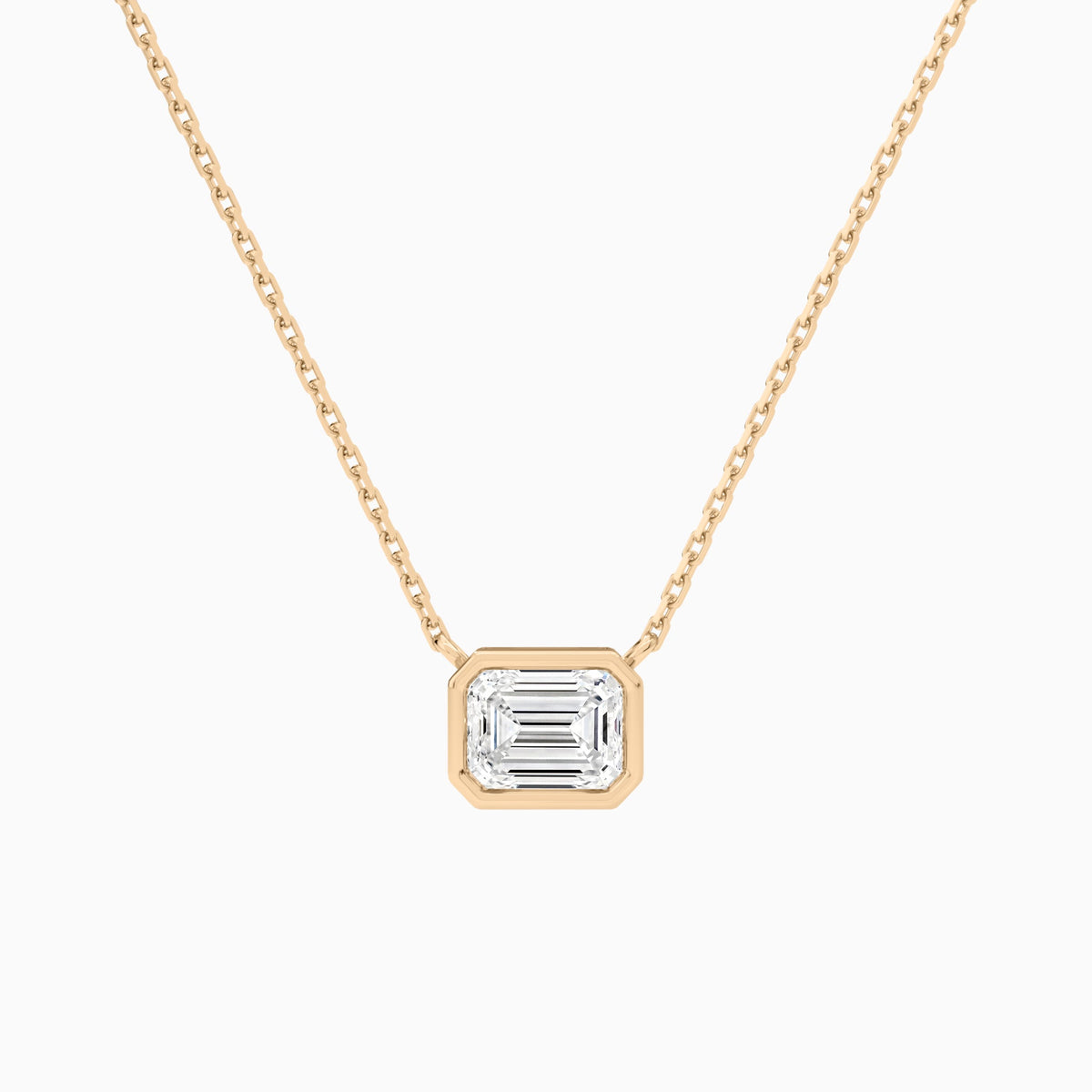 Bezel Solitaire Emerald Lab Grown Diamond Necklace In 14K Rose Gold - Lucenjuri