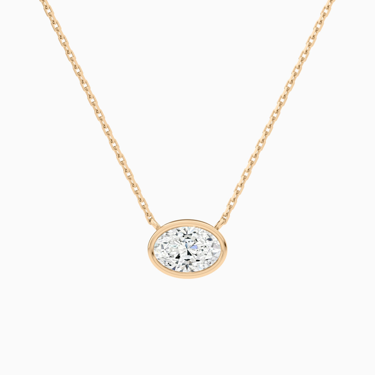 Bezel Solitaire Oval Lab Grown Diamond Necklace In 14K Rose Gold - Lucenjuri