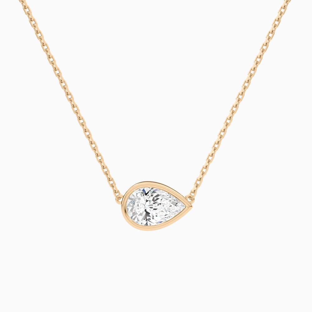 Bezel Solitaire Pear Lab Grown Diamond Necklace In 14K Rose Gold - Lucenjuri