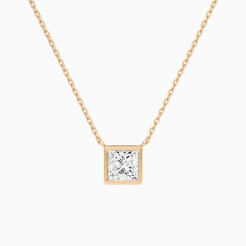 Bezel Solitaire Princess Lab Grown Diamond Necklace In 14K Rose Gold - Lucenjuri