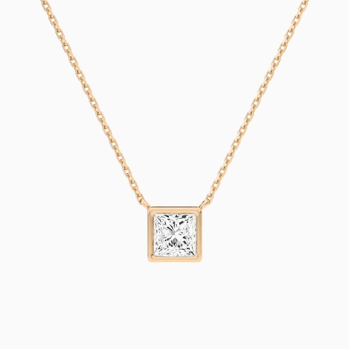 Bezel Solitaire Princess Lab Grown Diamond Necklace In 14K Rose Gold - Lucenjuri