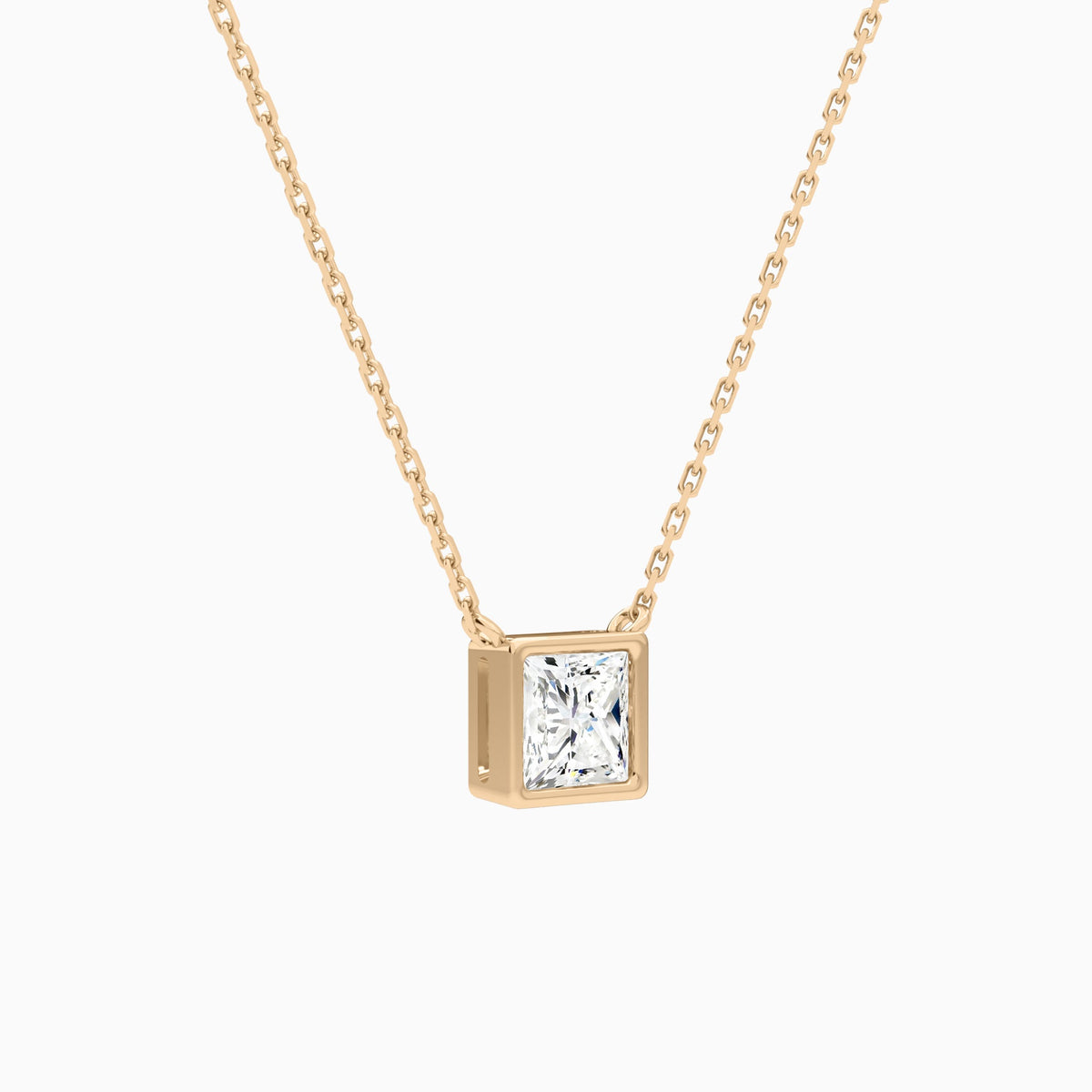 Bezel Solitaire Princess Lab Grown Diamond Necklace In 14K Rose Gold - Front Angle View