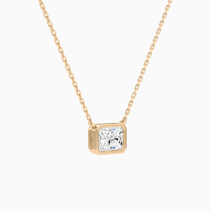 Bezel Solitaire Radiant Lab Grown Diamond Necklace In 14K Rose Gold - Front Angle View
