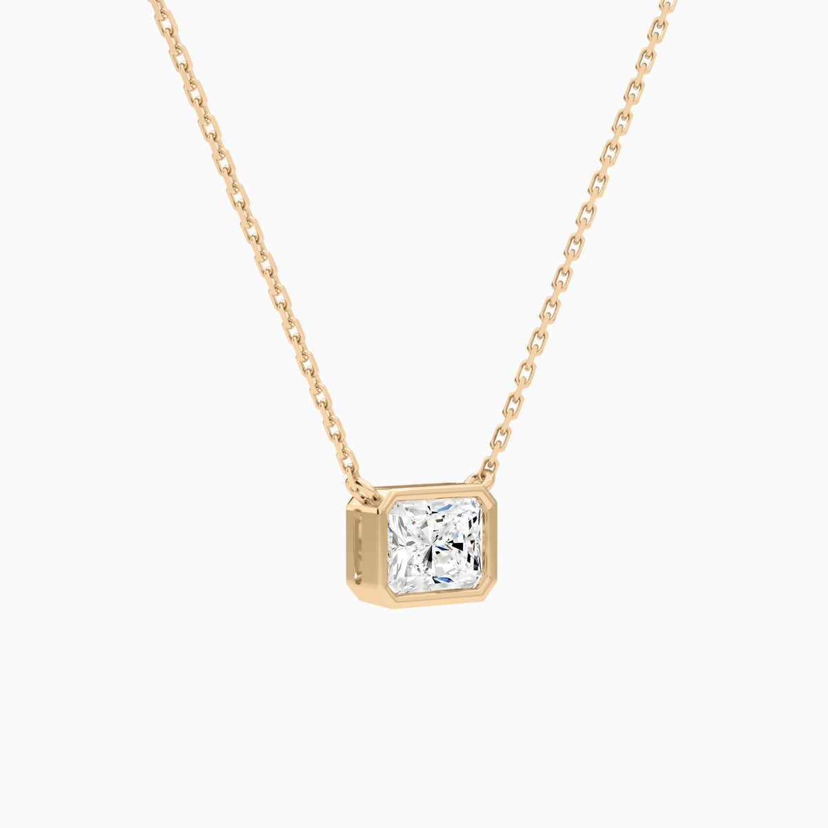 Bezel Solitaire Radiant Lab Grown Diamond Necklace In 14K Rose Gold - Front Angle View