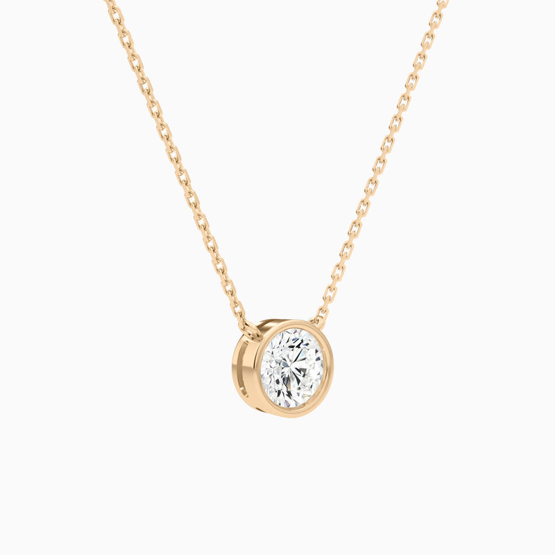 Bezel Solitaire Round Lab Grown Diamond Necklace In 14K Rose Gold - Front Angle View