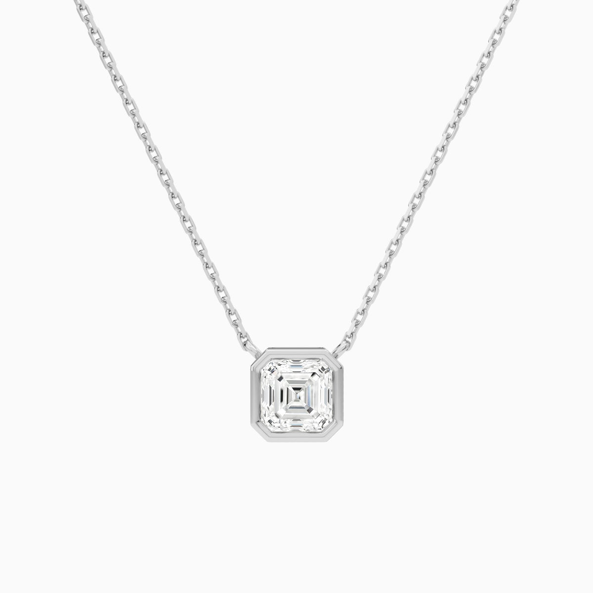 Bezel Solitaire Asscher Lab Grown Diamond Necklace In 14K White Gold - Lucenjuri