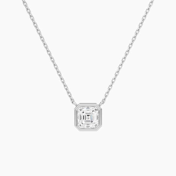 Bezel Solitaire Asscher Lab Grown Diamond Necklace In 14K White Gold - Lucenjuri