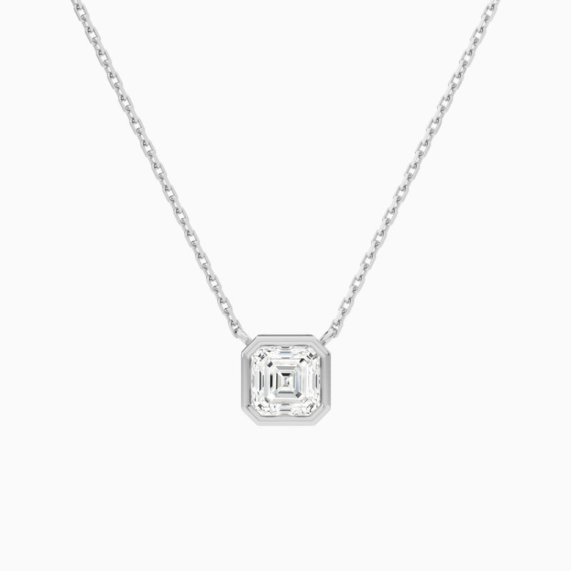 Bezel Solitaire Asscher Lab Grown Diamond Necklace In 18K White Gold - Lucenjuri
