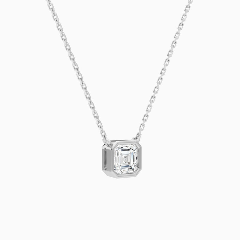 Bezel Solitaire Asscher Lab Grown Diamond Necklace In 18K White Gold - Front Angle View