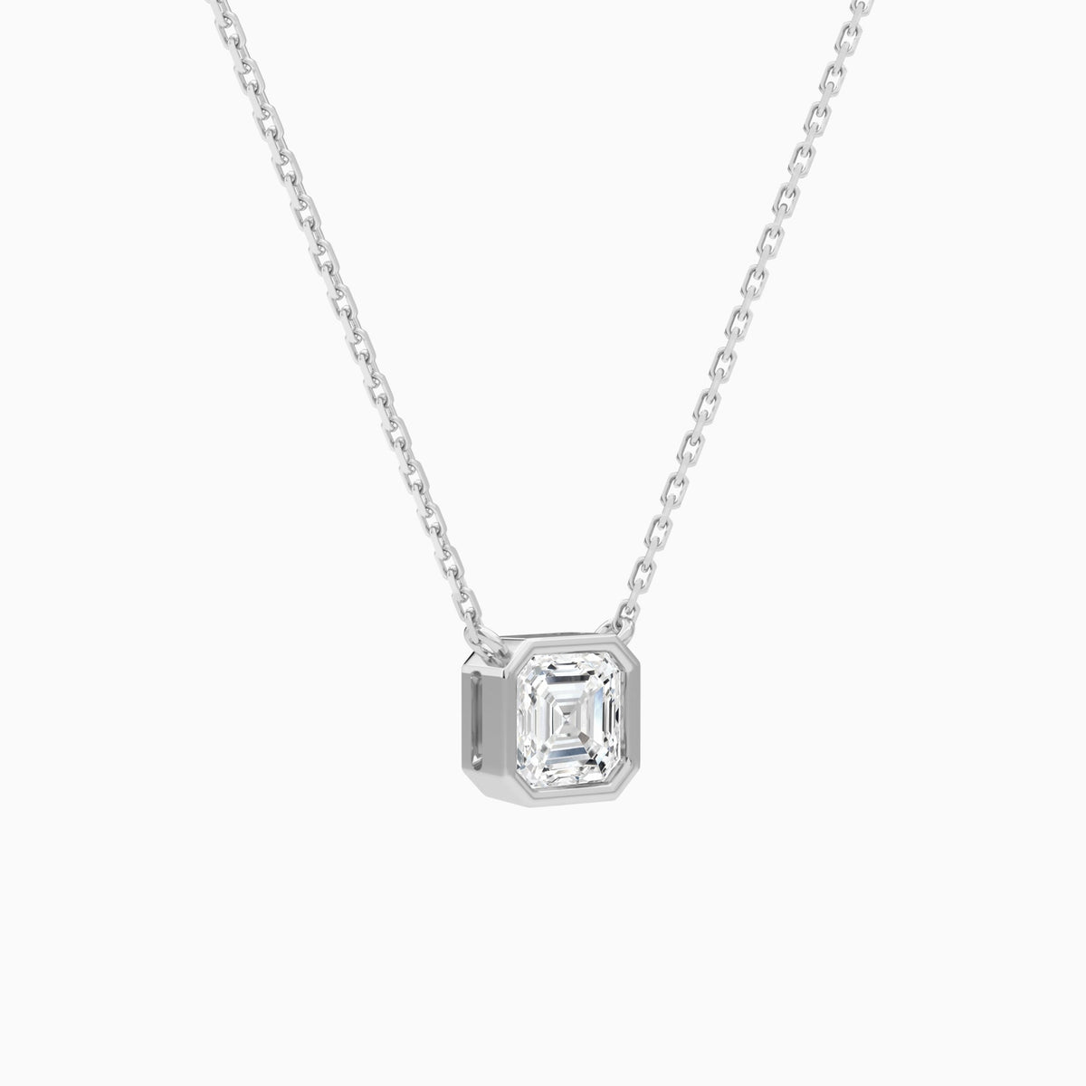 Bezel Solitaire Asscher Lab Grown Diamond Necklace In 14K White Gold - Front Angle View