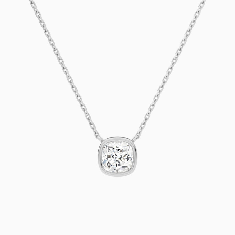 Bezel Solitaire Cushion Lab Grown Diamond Necklace In 18K White Gold - Lucenjuri