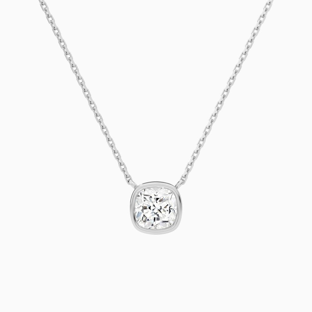Bezel Solitaire Cushion Lab Grown Diamond Necklace In 14K White Gold - Lucenjuri