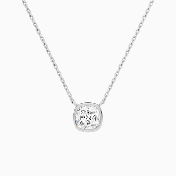 Bezel Solitaire Cushion Lab Grown Diamond Necklace In 14K White Gold - Lucenjuri