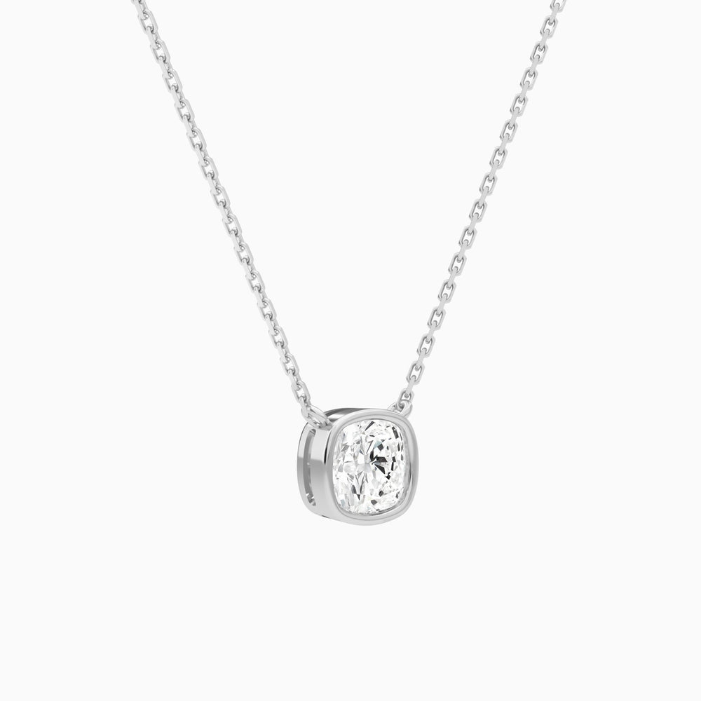 Bezel Solitaire Cushion Lab Grown Diamond Necklace In 14K White Gold - Front Angle View
