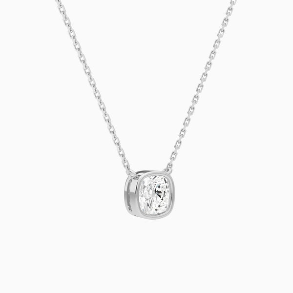Bezel Solitaire Cushion Lab Grown Diamond Necklace In 14K White Gold - Front Angle View