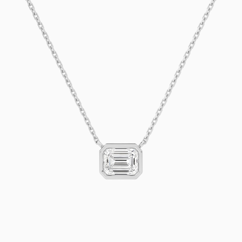 Bezel Solitaire Emerald Lab Grown Diamond Necklace In 14K White Gold - Lucenjuri