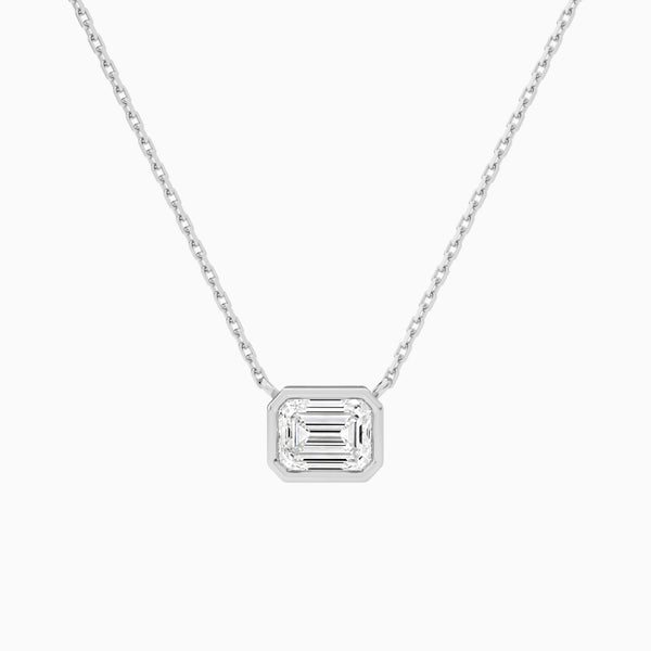 Bezel Solitaire Emerald Lab Grown Diamond Necklace In 14K White Gold - Lucenjuri