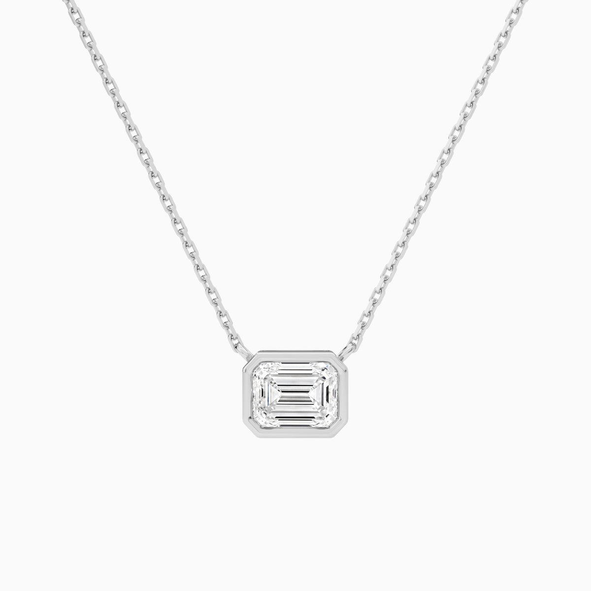 Bezel Solitaire Emerald Lab Grown Diamond Necklace In 18K White Gold - Lucenjuri