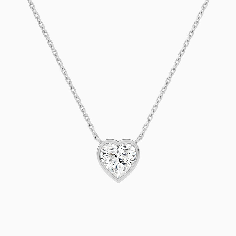 Bezel Solitaire Heart Lab Grown Diamond Necklace In 18K White Gold - Lucenjuri