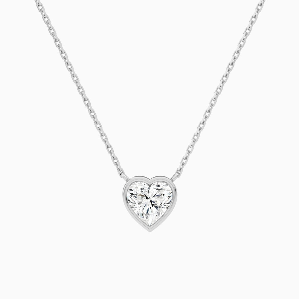 Bezel Solitaire Heart Lab Grown Diamond Necklace In 14K White Gold - Lucenjuri