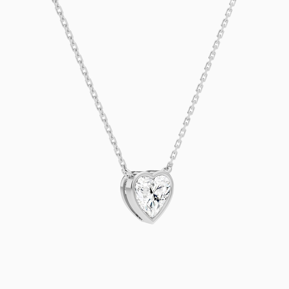 Bezel Solitaire Heart Lab Grown Diamond Necklace In 14K White Gold - Front Angle View