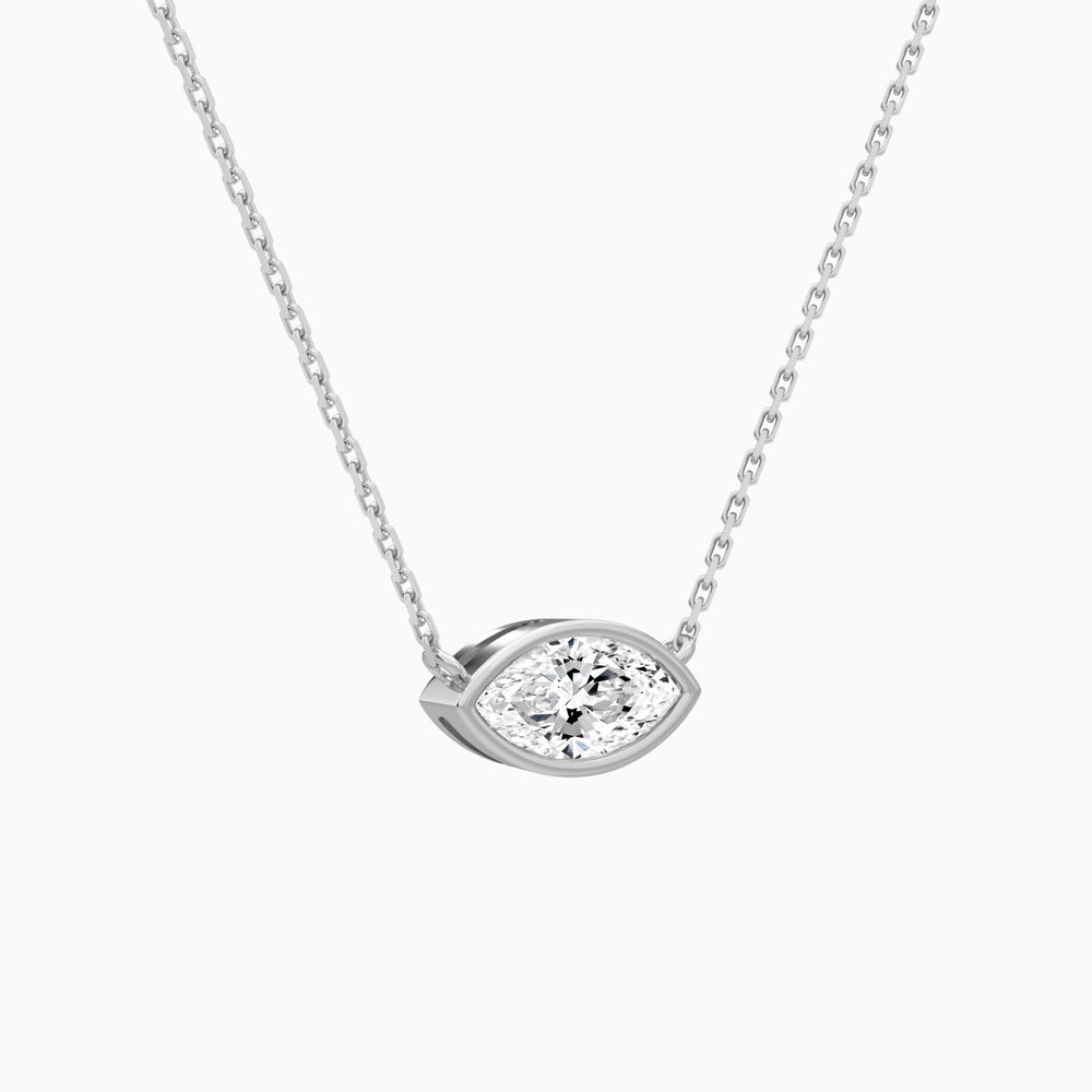 Bezel Solitaire Marquise Lab Grown Diamond Necklace In 14K White Gold - Front Angle View