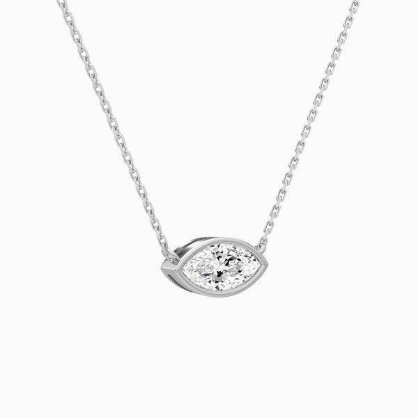 Bezel Solitaire Marquise Lab Grown Diamond Necklace In 14K White Gold - Front Angle View