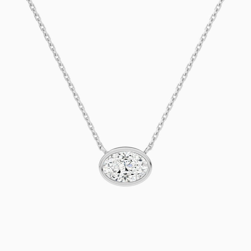 Bezel Solitaire Oval Lab Grown Diamond Necklace In 18K White Gold - Lucenjuri