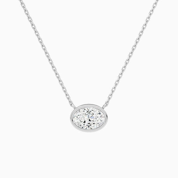Bezel Solitaire Oval Lab Grown Diamond Necklace In 14K White Gold - Lucenjuri