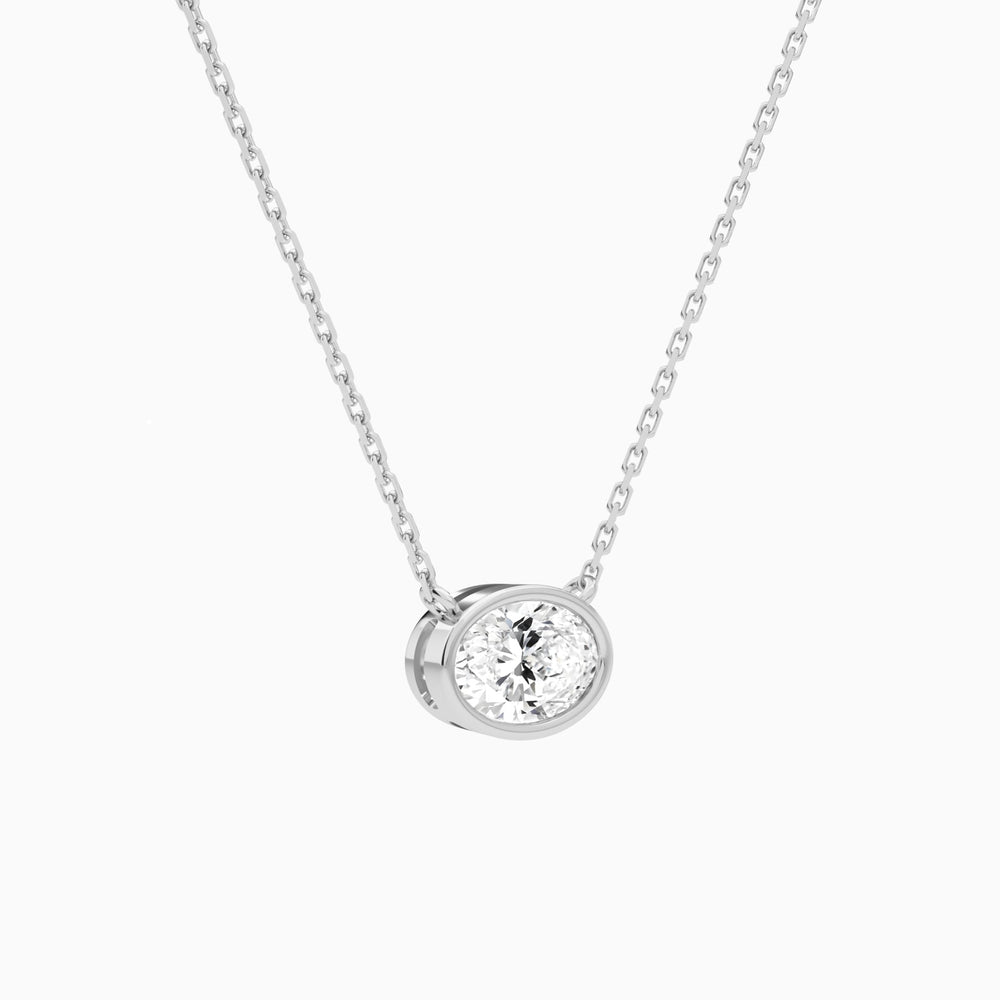 Bezel Solitaire Oval Lab Grown Diamond Necklace In 14K White Gold - Front Angle View