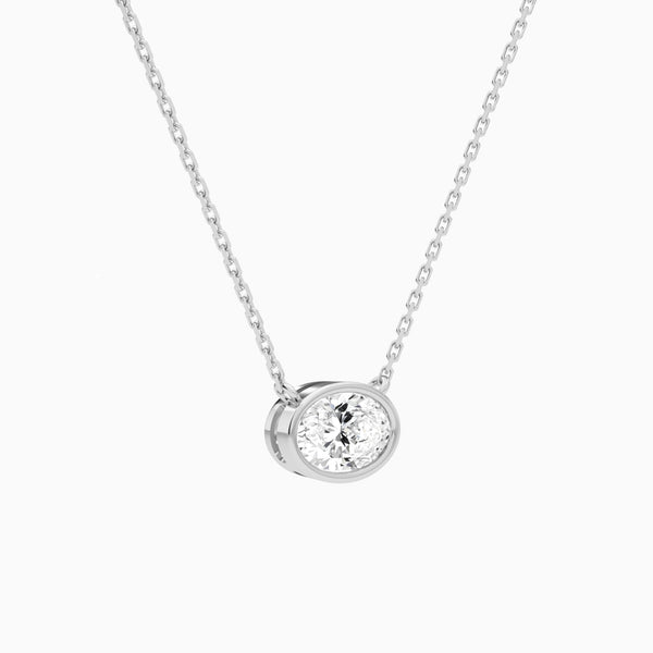 Bezel Solitaire Oval Lab Grown Diamond Necklace In 14K White Gold - Front Angle View