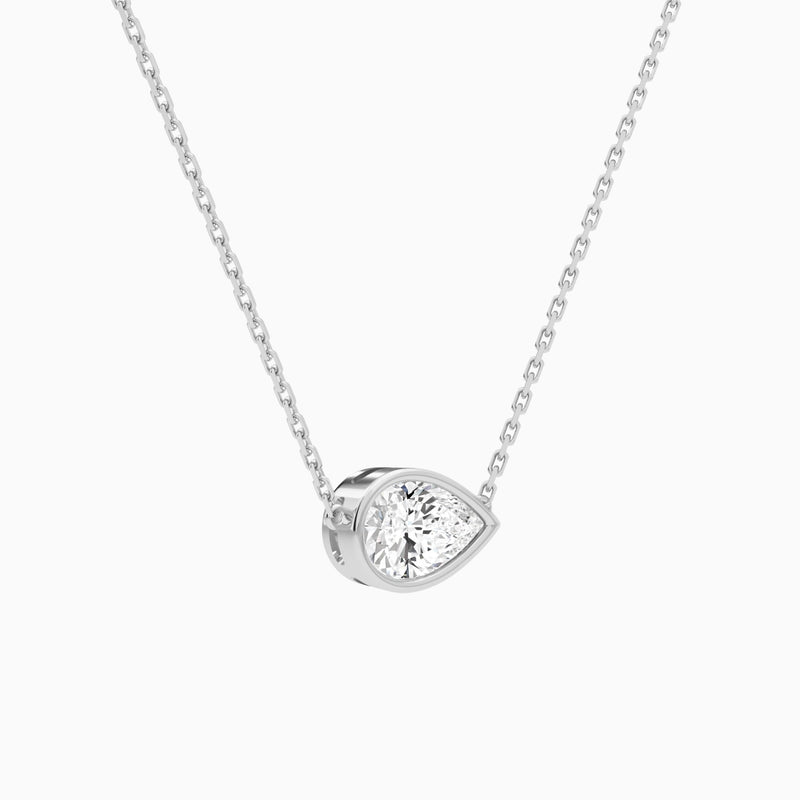 Bezel Solitaire Pear Lab Grown Diamond Necklace In 18K White Gold - Front Angle View